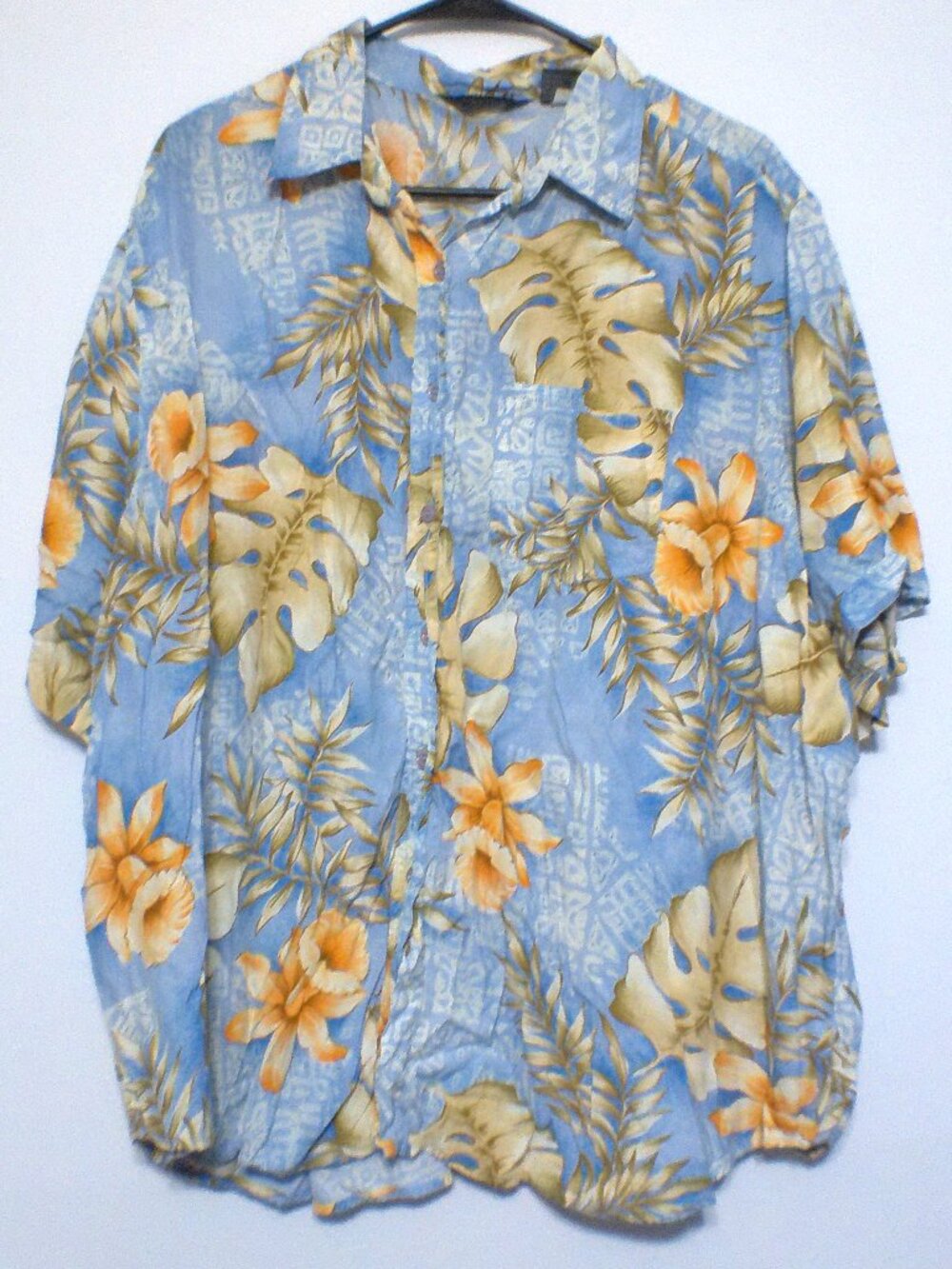 Solutions New York Women’s 3X Blue Tropical Floral Button Shirt Short Sleeve